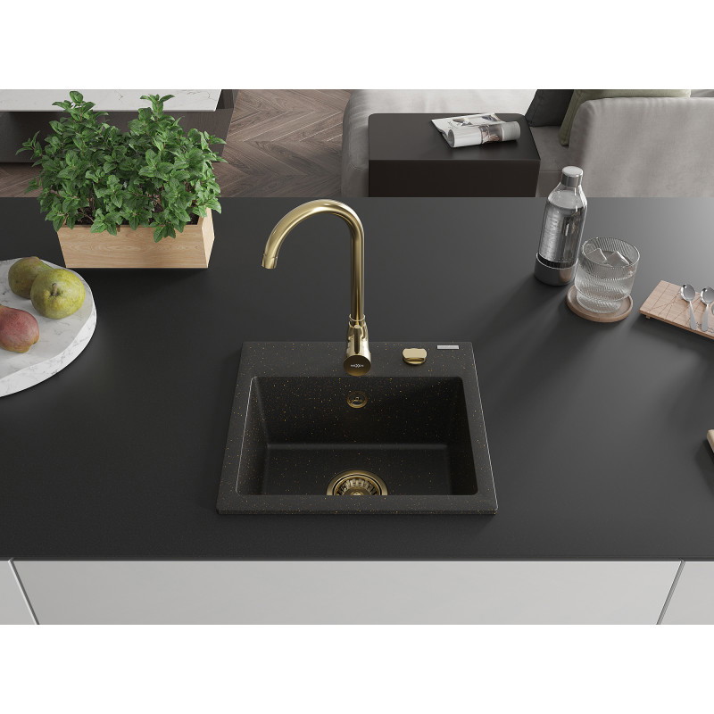 Mexen Milo fregadero de granito de 1 seno 435 x 410 mm, negro/dorado metálico, sifón dorado - 6505441000-75-G