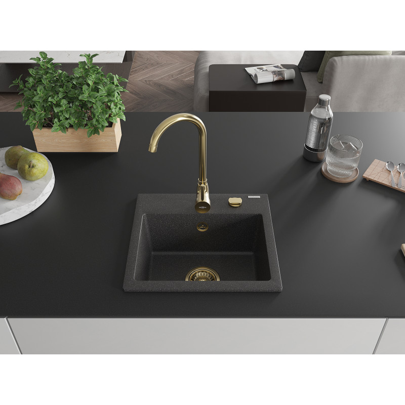 Mexen Milo fregadero de granito de 1 compartimento 435 x 410 mm, negro salpicado, sifón dorado - 6505441000-76-G
