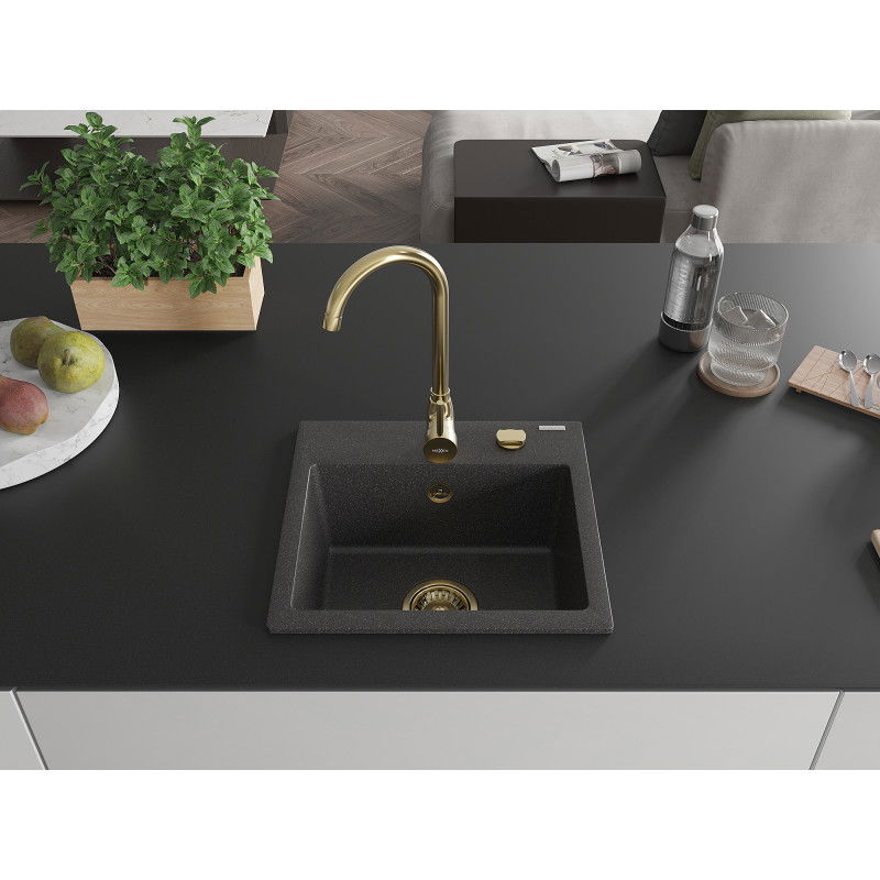 Mexen Milo granite sink 1-bowl 435 x 410 mm, black speckled, golden siphon - 6505441000-76-G
