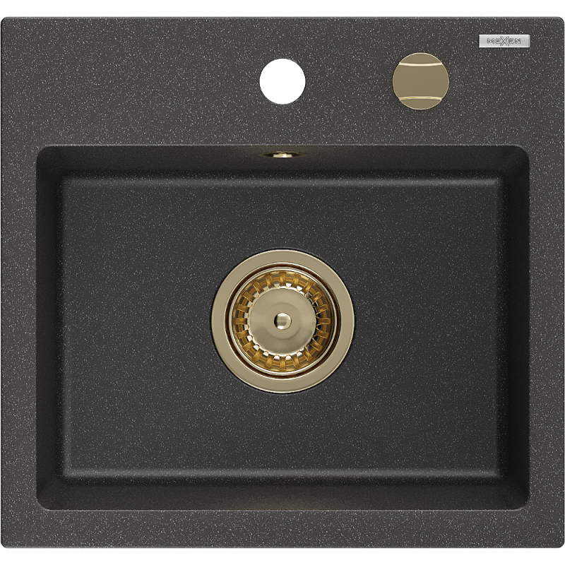 Mexen Milo Granitspüle 1-beckig 435 x 410 mm, schwarz gefleckt, goldener Siphon - 6505441000-76-G