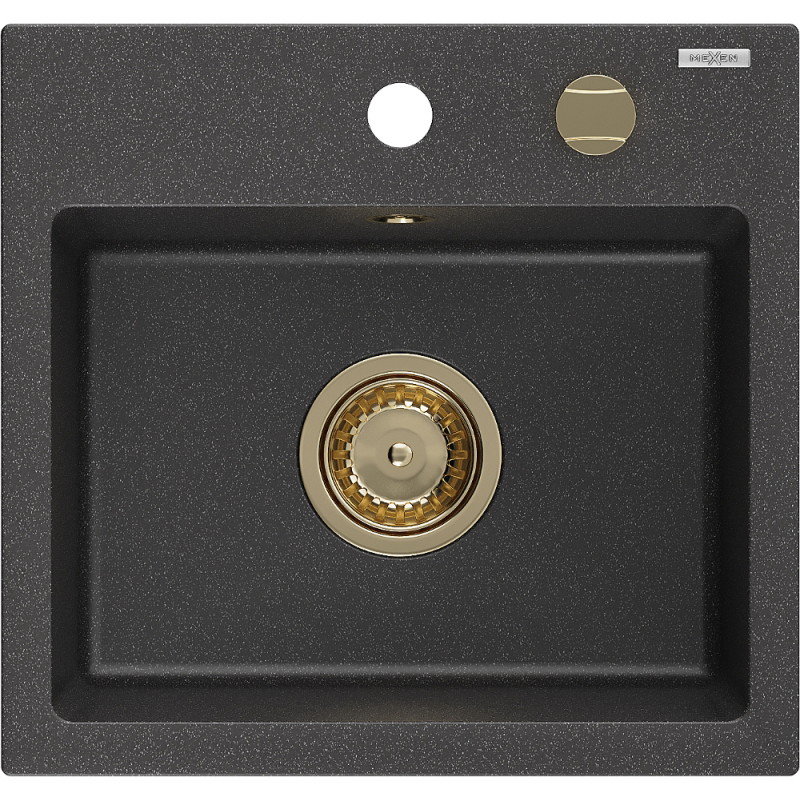 Mexen Milo Granitspüle 1-Kammer 435 x 410 mm, schwarz gesprenkelt, goldener Siphon - 6505441000-76-G