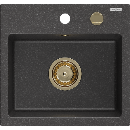 Mexen Milo Granitspüle 1-beckig 435 x 410 mm, schwarz gesprenkelt, goldener Siphon - 6505441000-76-G