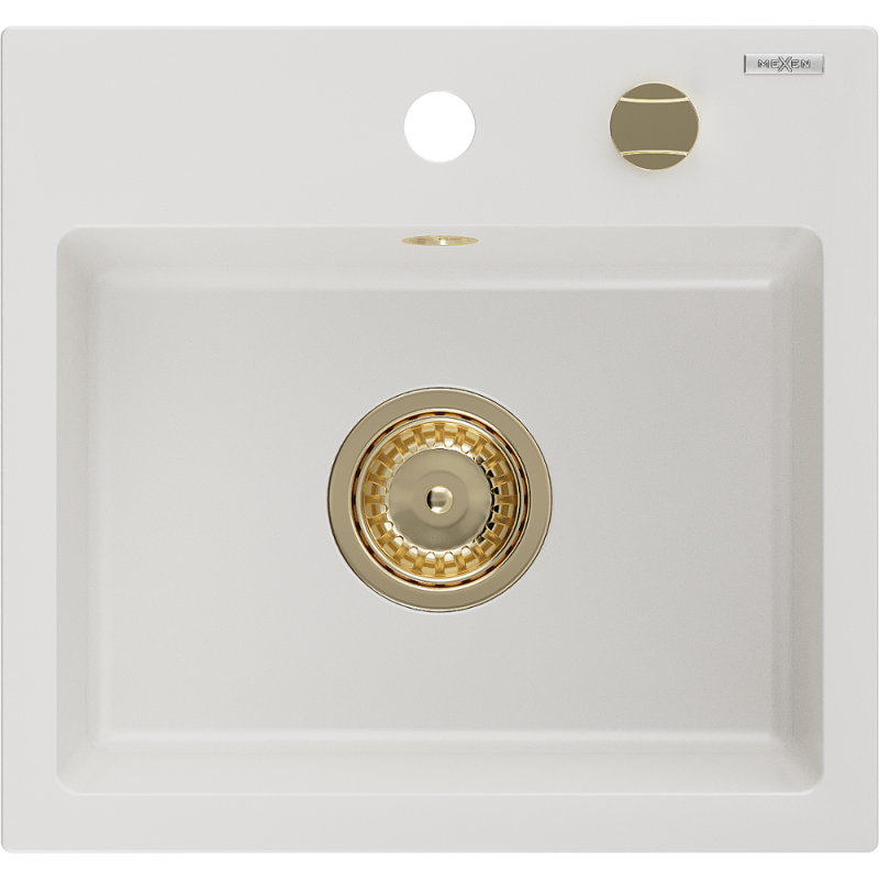 Mexen Milo fregadero de granito de 1 cubeta 435 x 410 mm, blanco, sifón dorado - 6505441000-20-G