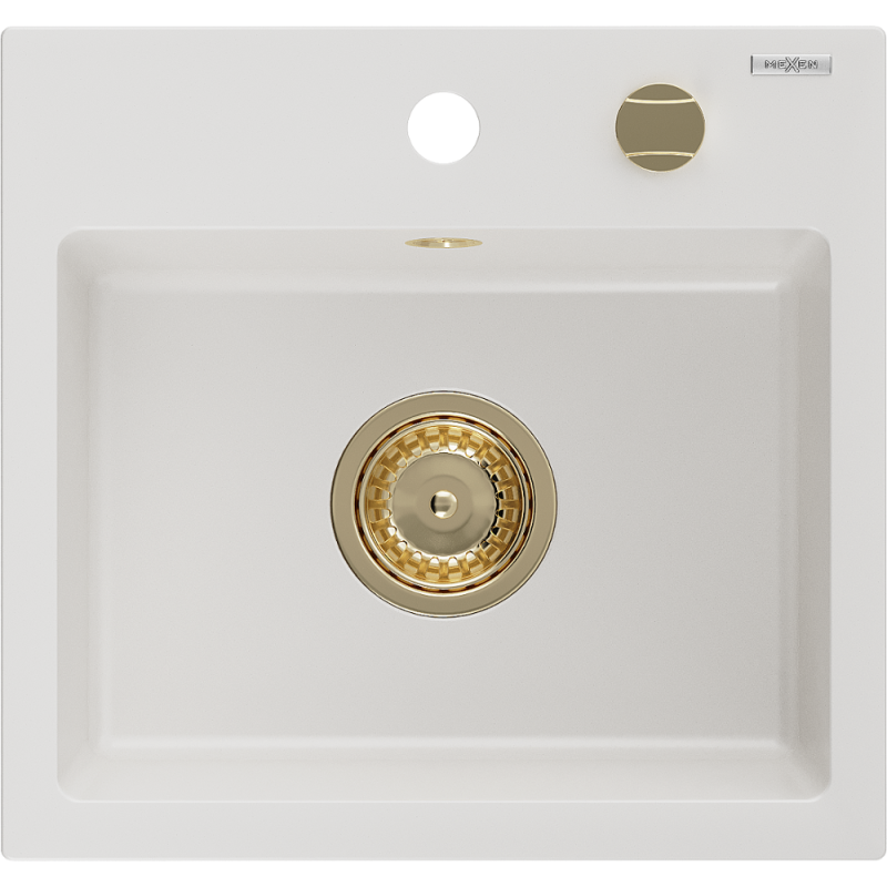 Mexen Milo lavello in granito a 1 vasca 435 x 410 mm, bianco, sifone dorato - 6505441000-20-G