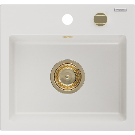 Mexen Milo évier en granit 1 cuve 435 x 410 mm, blanc, siphon doré - 6505441000-20-G