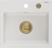 Mexen Milo granieten gootsteen 1-komerig 435 x 410 mm, wit, gouden sifon - 6505441000-20-G