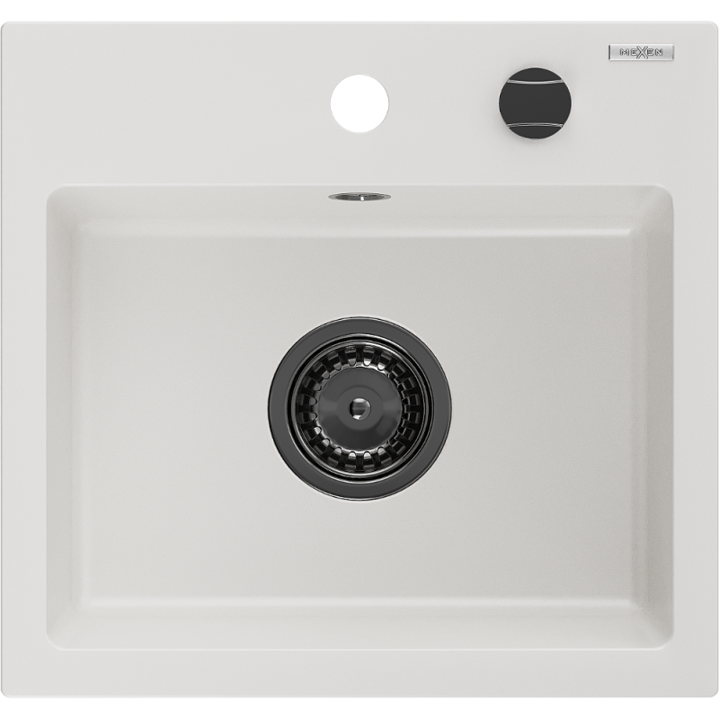 Mexen Milo 1-Bowl Granite Sink 435 x 410 mm, White, Black Siphon - 6505441000-20-B