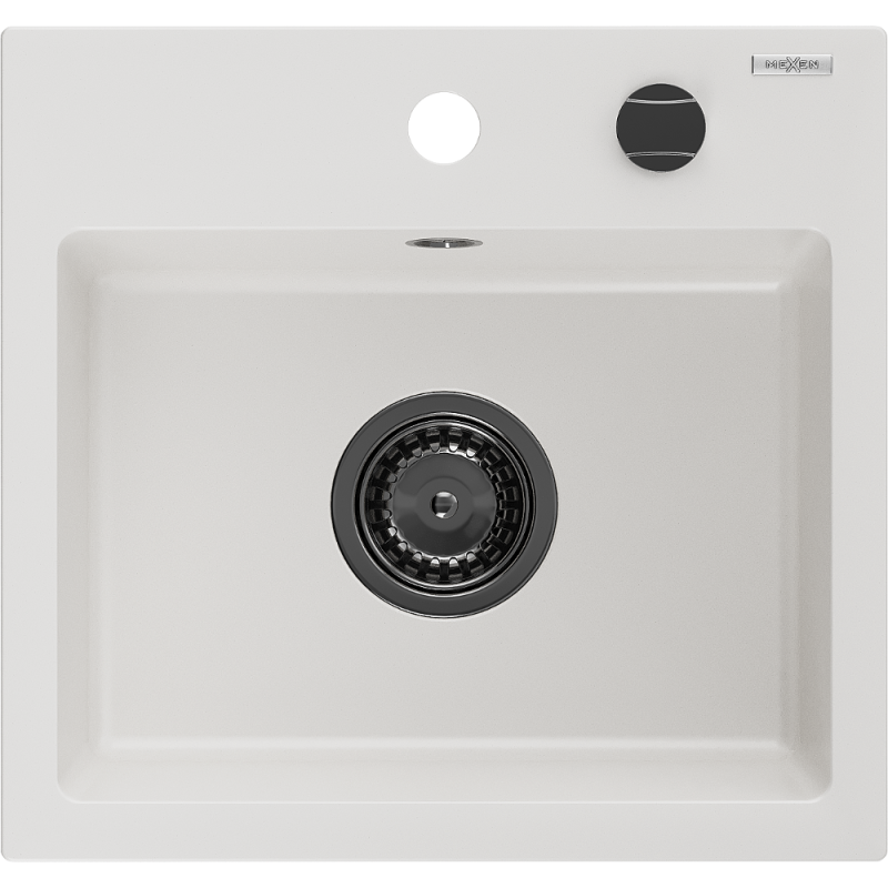 Mexen Milo fregadero de granito de 1 cubeta 435 x 410 mm, blanco, sifón negro - 6505441000-20-B
