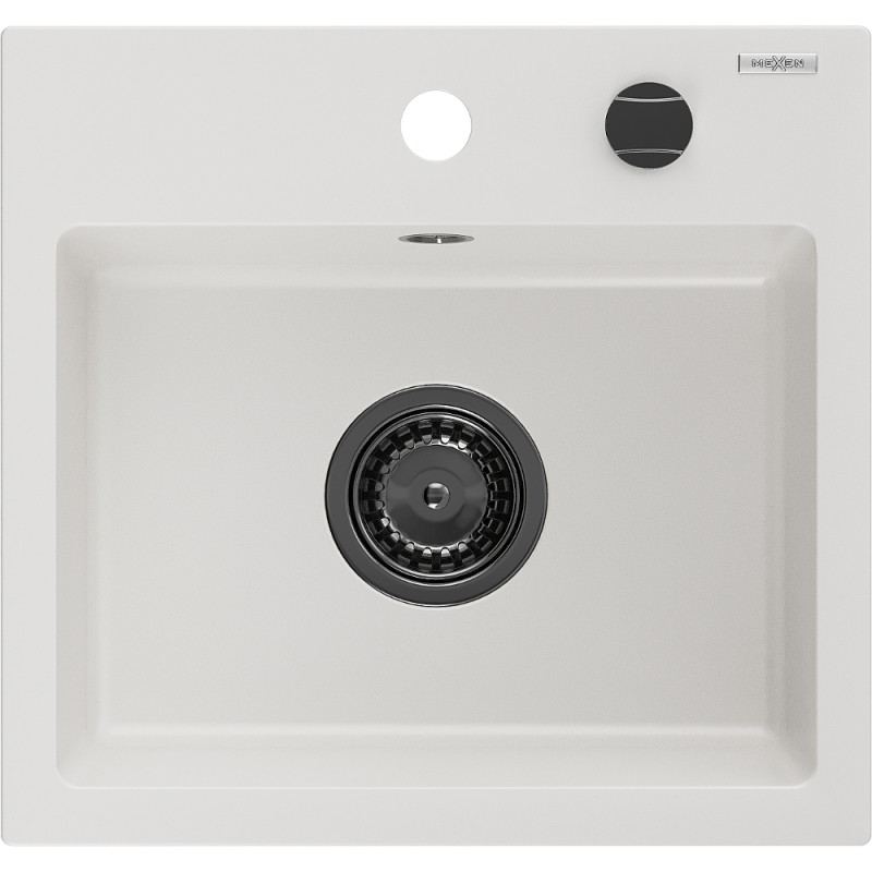 Mexen Milo granieten gootsteen 1-kompartment 435 x 410 mm, wit, zwarte sifon - 6505441000-20-B