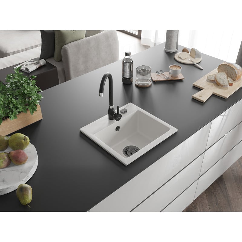 Mexen Milo zlewozmywak granitowy 1-komorowy 435 x 410 mm, biały, syfon czarny - 6505441000-20-B