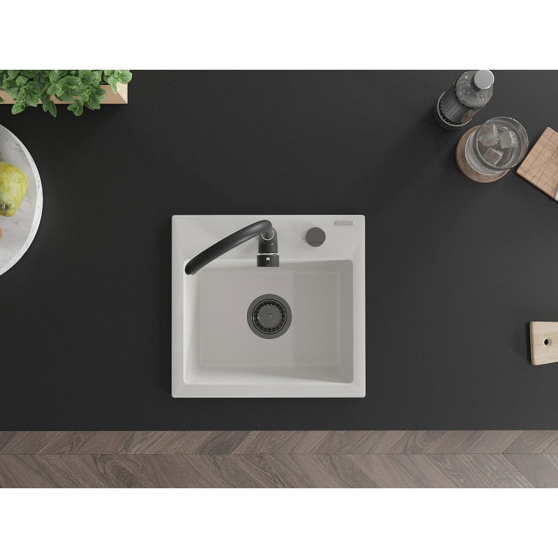 Mexen Milo fregadero de granito de 1 cubeta 435 x 410 mm, blanco, sifón negro - 6505441000-20-B