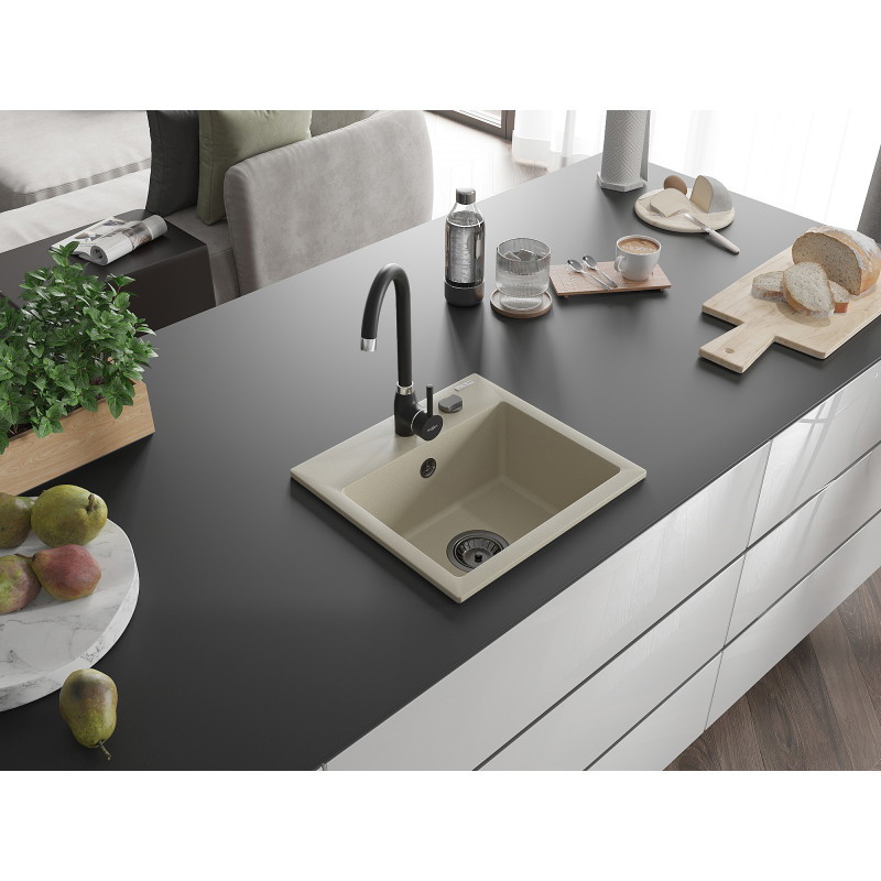 Mexen Milo zlewozmywak granitowy 1-komorowy 435 x 410 mm, beżowy, syfon czarny - 6505441000-69-B