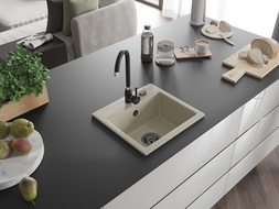 Mexen Milo granite sink, 1-bowl, 435 x 410 mm, beige, black siphon - 6505441000-69-B