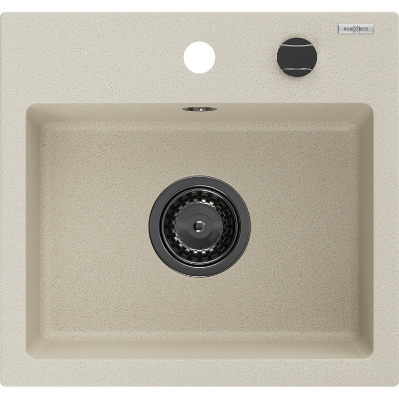 Mexen Milo granite sink, 1-bowl, 435 x 410 mm, beige, black siphon - 6505441000-69-B