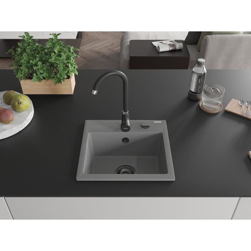 Mexen Milo 1-Bowl Granite Sink 435 x 410 mm, Grey, Black Siphon - 6505441000-71-B