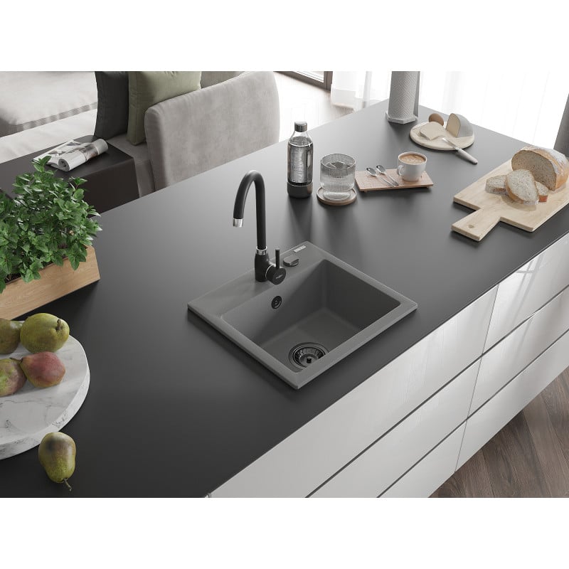 Mexen Milo 1-Bowl Granite Sink 435 x 410 mm, Grey, Black Siphon - 6505441000-71-B