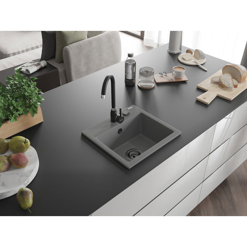 Mexen Milo 1-lokeroinen graniittinen pesuallas 435 x 410 mm, harmaa, musta sifoni - 6505441000-71-B