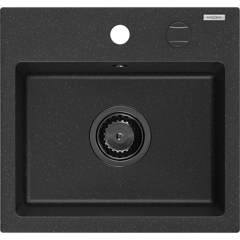 Mexen Milo fregadero de granito 1-cubeta 435 x 410 mm, negro/plateado metálico, sifón negro - 6505441000-73-B