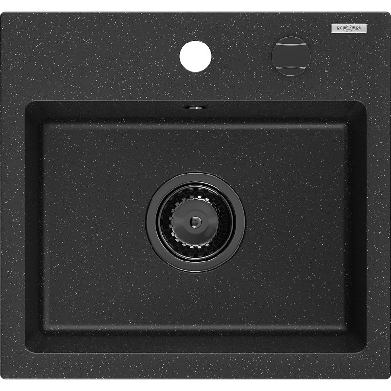 Mexen Milo granieten spoelbak 1-kamerig 435 x 410 mm, zwart/zilveren metallic, zwarte sifon - 6505441000-73-B