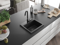 Mexen Milo Granitspüle 1-Kammer 435 x 410 mm, schwarz/silber Metallic, schwarzer Siphon - 6505441000-73-B