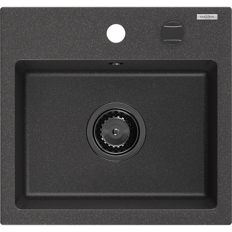 Mexen Milo granīta izlietne ar vienu nodalījumu 435 x 410 mm, melna ar plankumiem, melns sifons - 6505441000-76-B