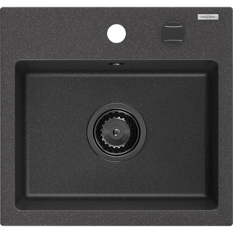 Mexen Milo granitische gootsteen 1-bak 435 x 410 mm, zwart gespikkeld, zwarte sifon - 6505441000-76-B