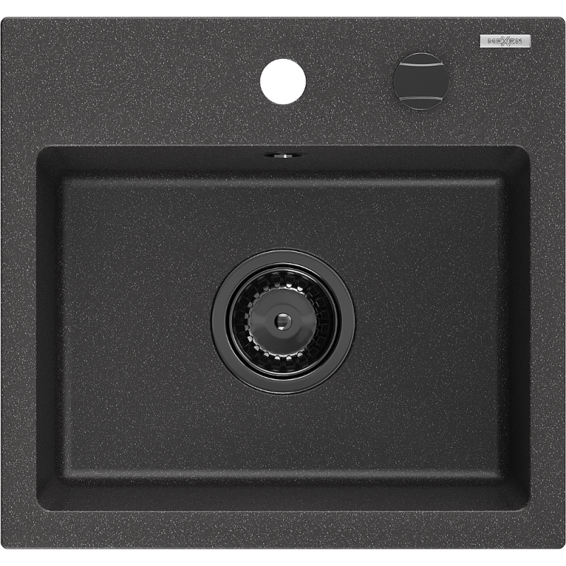 Mexen Milo Granitspüle 1-Becken 435 x 410 mm, schwarz gesprenkelt, schwarzer Siphon - 6505441000-76-B