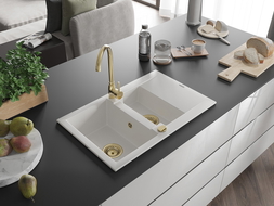 Mexen Gaspar évier en granit 1,5 bac avec drain 737 x 475 mm, blanc, siphon doré - 6507731505-20-G