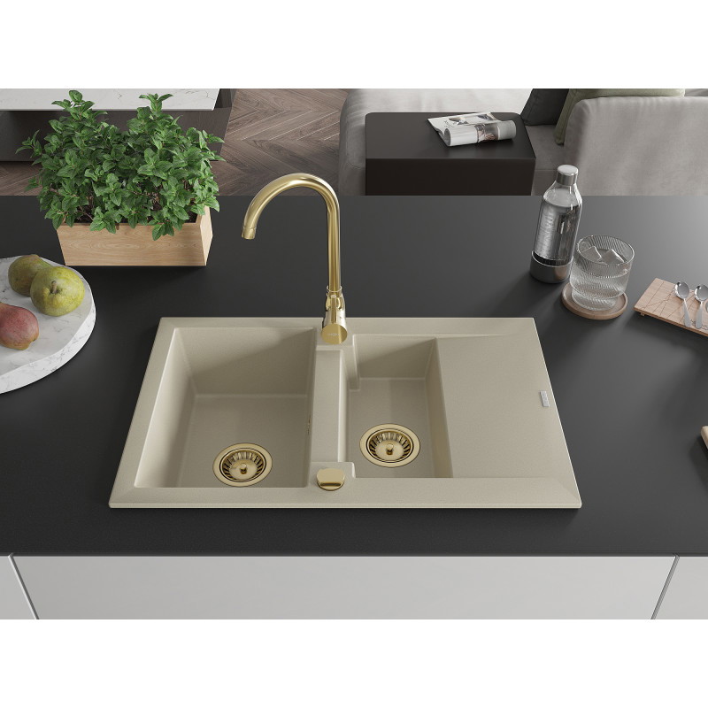 Mexen Gaspar fregadero de granito de 1,5 tazones con escurridor 737 x 475 mm, beige, sifón dorado - 6507731505-69-G