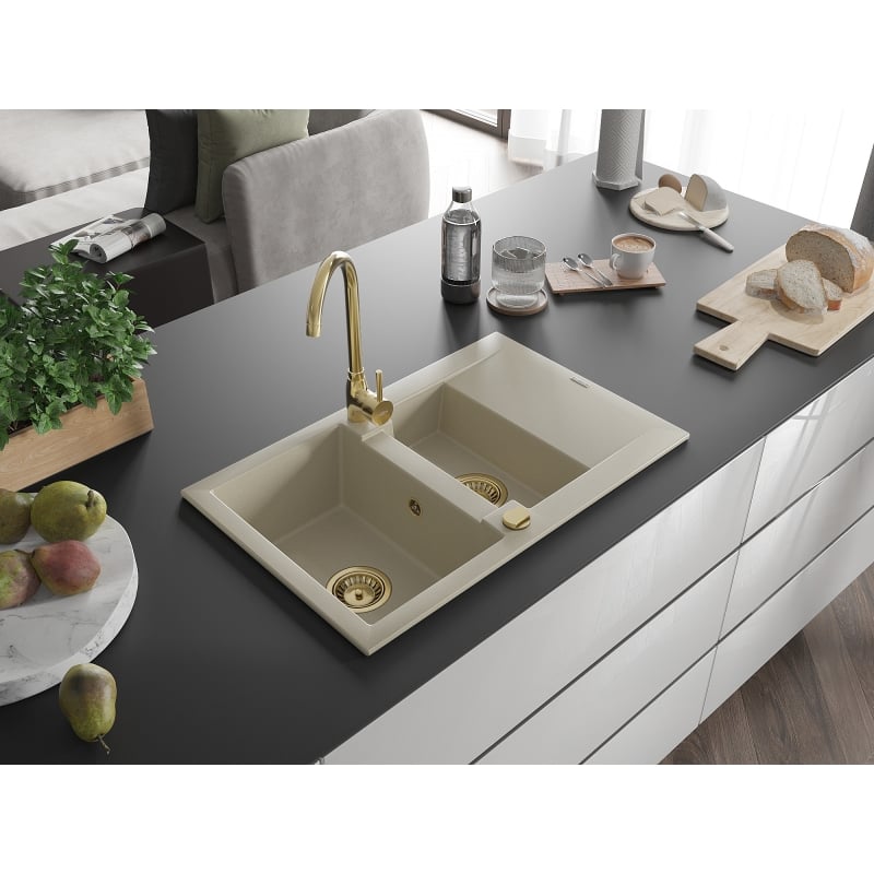 Mexen Gaspar 1,5-fachiges Spülbecken aus Granit mit Abtropffläche 737 x 475 mm, beige, goldener Siphon - 6507731505-69-G