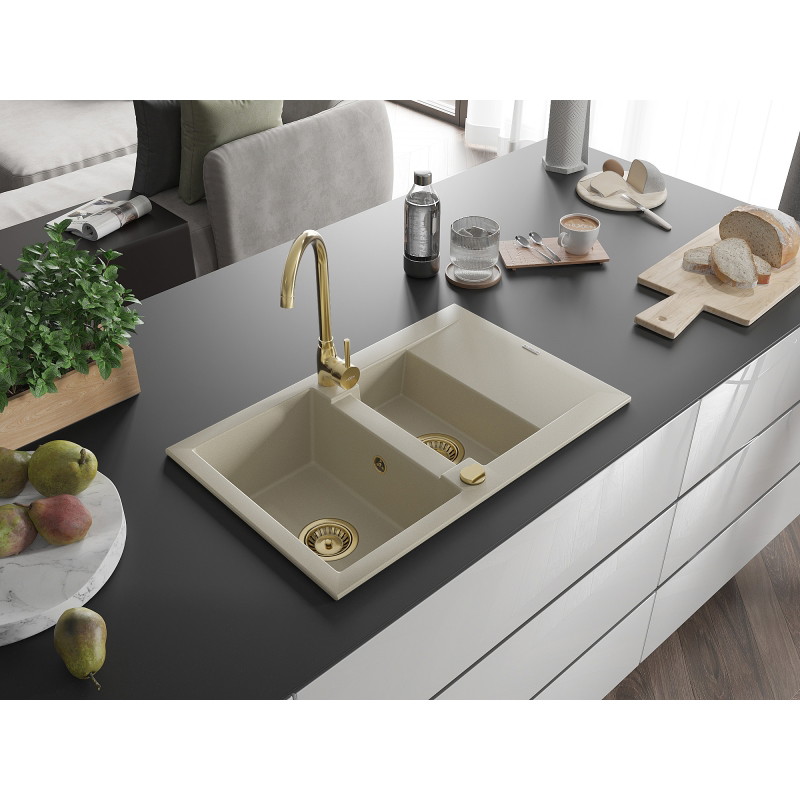 Mexen Gaspar fregadero de granito con escurridor de 1,5 senos 737 x 475 mm, beige, sifón dorado - 6507731505-69-G