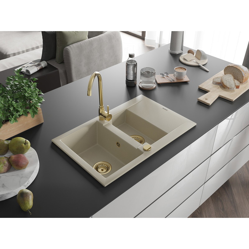 Mexen Gaspar granitische spoelbak 1,5-kamerige met afdruipplaat 737 x 475 mm, beige, gouden sifon - 6507731505-69-G