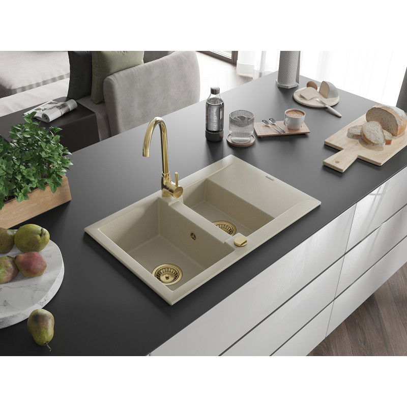 Mexen Gaspar Granitspüle 1,5-Becken mit Abtropffläche 737 x 475 mm, beige, goldener Siphon - 6507731505-69-G