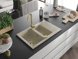 Mexen Gaspar Granitspüle 1,5-Becken mit Abtropffläche 737 x 475 mm, beige, goldener Siphon - 6507731505-69-G