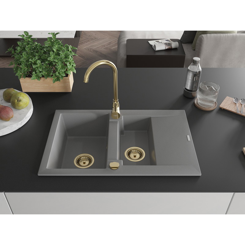 Mexen Gaspar Granitspüle 1,5-Becken mit Abtropffläche 737 x 475 mm, grau, goldener Siphon - 6507731505-71-G