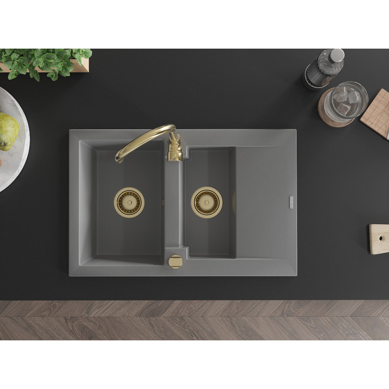 Mexen Gaspar fregadero de granito de 1,5 senos con escurridor 737 x 475 mm, gris, sifón dorado - 6507731505-71-G