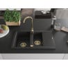 Mexen Gaspar Granitspüle 1,5-Becken mit Abtropffläche 737 x 475 mm, schwarz/silber Metallik, goldener Siphon - 6507731505-73-G
