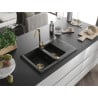 Mexen Gaspar Granitspüle 1,5-Becken mit Abtropffläche 737 x 475 mm, schwarz/silber Metallik, goldener Siphon - 6507731505-73-G
