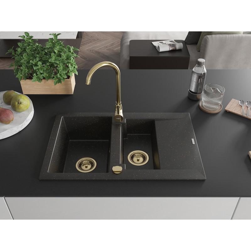 Mexen Gaspar évier en granit 1,5 bac avec égouttoir 737 x 475 mm, noir/doré métallisé, siphon doré - 6507731505-75-G