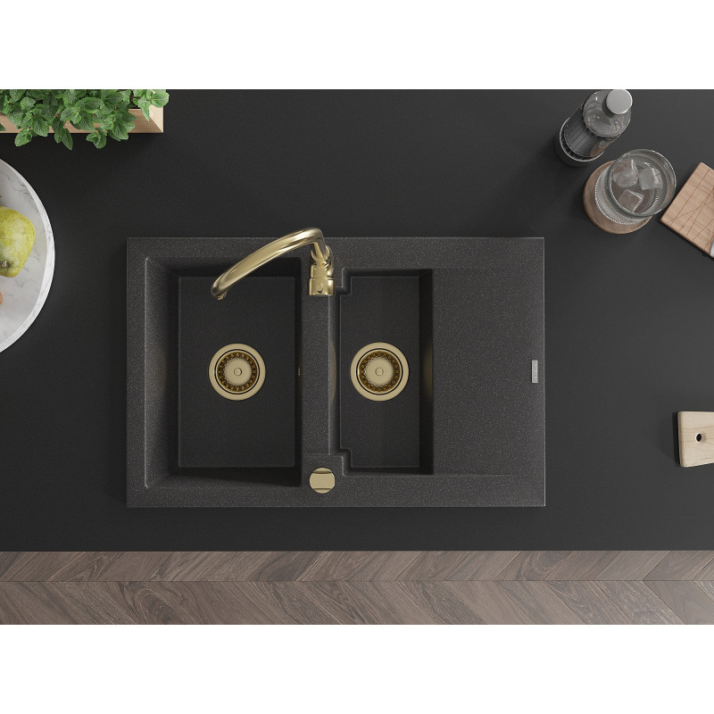 Mexen Gaspar lavello in granito 1,5 vasche con gocciolatoio 737 x 475 mm, nero spruzzato, sifone oro - 6507731505-76-G
