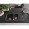 Mexen Gaspar évier granitique 1,5-bac avec égouttoir 737 x 475 mm, noir moucheté, siphon doré - 6507731505-76-G