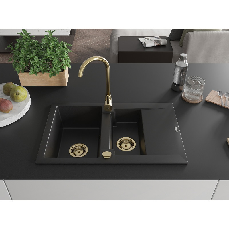 Mexen Gaspar granit gootsteen 1,5-kommer met afdruiprek 737 x 475 mm, zwart, gouden sifon - 6507731505-77-G