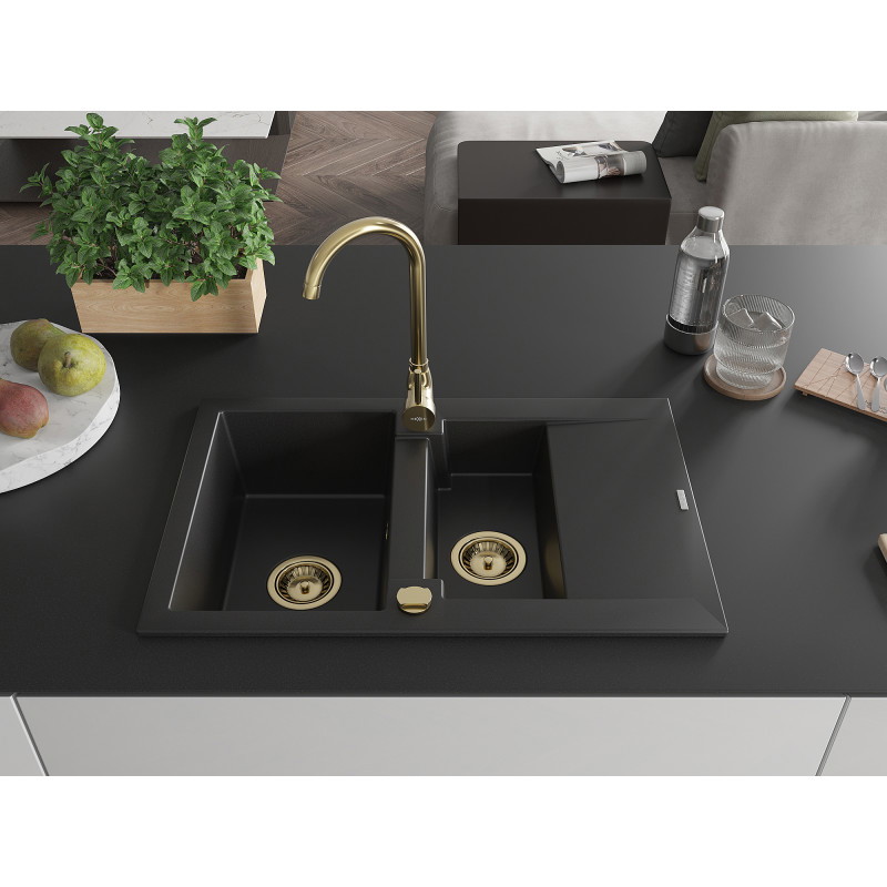 Mexen Gaspar Granitspüle 1,5-beckig mit Abtropffläche 737 x 475 mm, schwarz, goldener Siphon - 6507731505-77-G