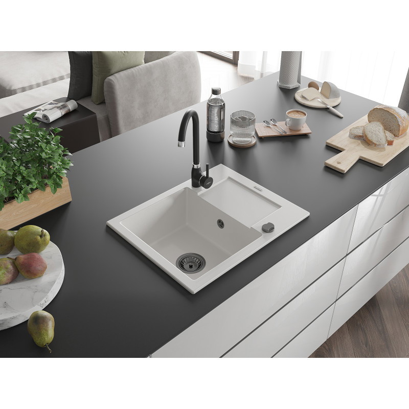 Mexen Enzo fregadero de granito de 1 cubeta con escurridor 576 x 465 mm, blanco, sifón negro - 6506571005-20-B