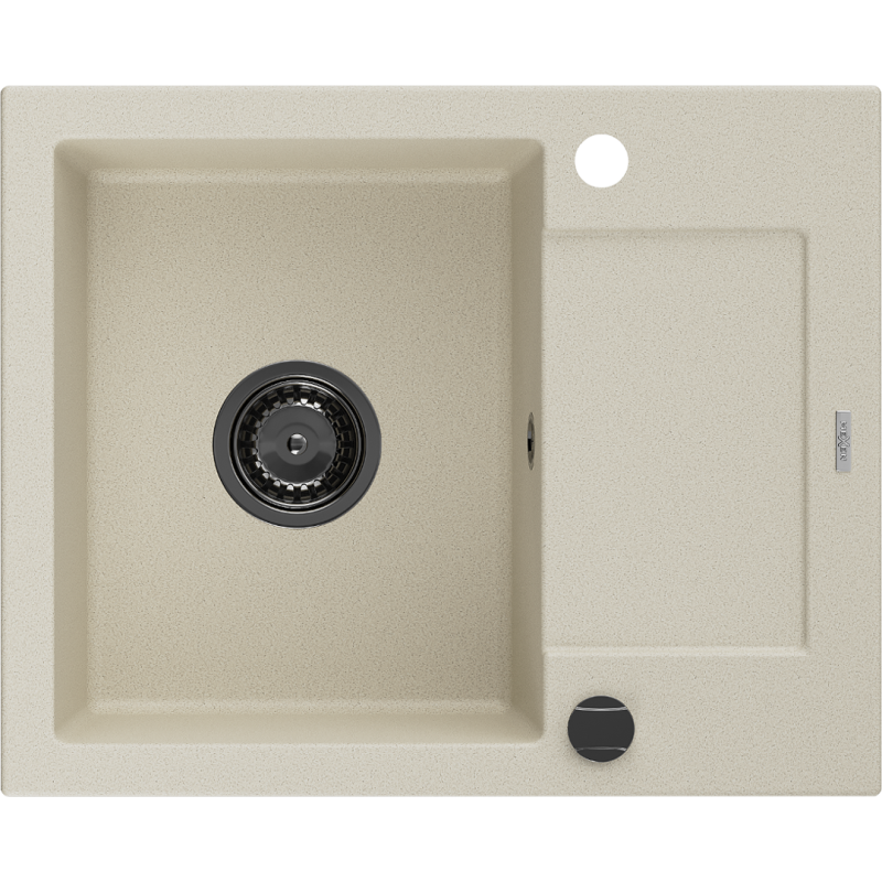 Mexen Enzo fregadero de granito de 1 seno con escurridor 576 x 465 mm, beige, sifón negro - 6506571005-69-B