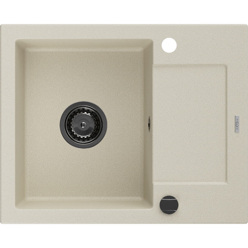 Mexen Enzo granitische enkele spoelbak met afdruiprek 576 x 465 mm, beige, zwarte sifon - 6506571005-69-B