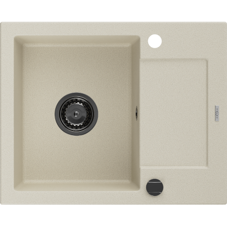 Mexen Enzo 1-kamers granieten gootsteen met afdruiprek 576 x 465 mm, beige, zwarte sifon - 6506571005-69-B