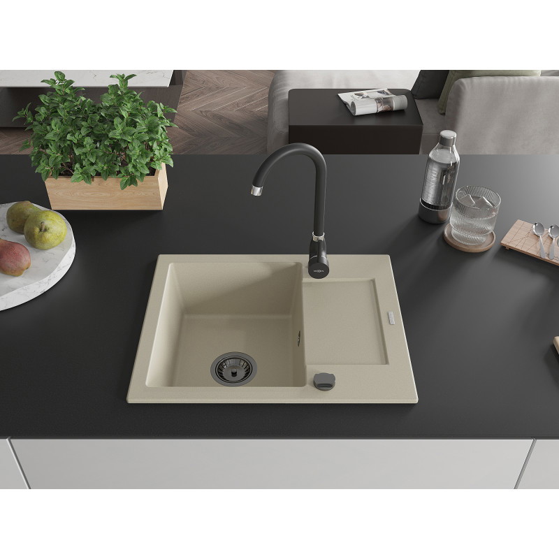 Mexen Enzo fregadero de granito de 1 cubeta con escurridor 576 x 465 mm, beige, sifón negro - 6506571005-69-B