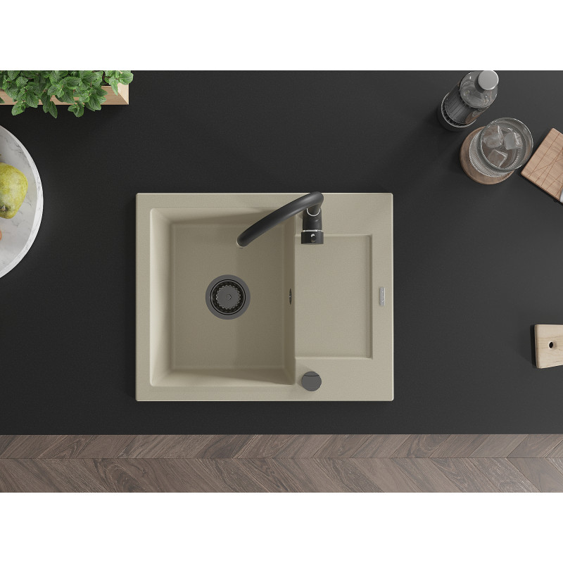 Mexen Enzo 1-kamers granieten gootsteen met afdruiprek 576 x 465 mm, beige, zwarte sifon - 6506571005-69-B