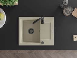 Mexen Enzo granieten spoelbak 1-komorig met afdruiprek 576 x 465 mm, beige, zwarte sifon - 6506571005-69-B